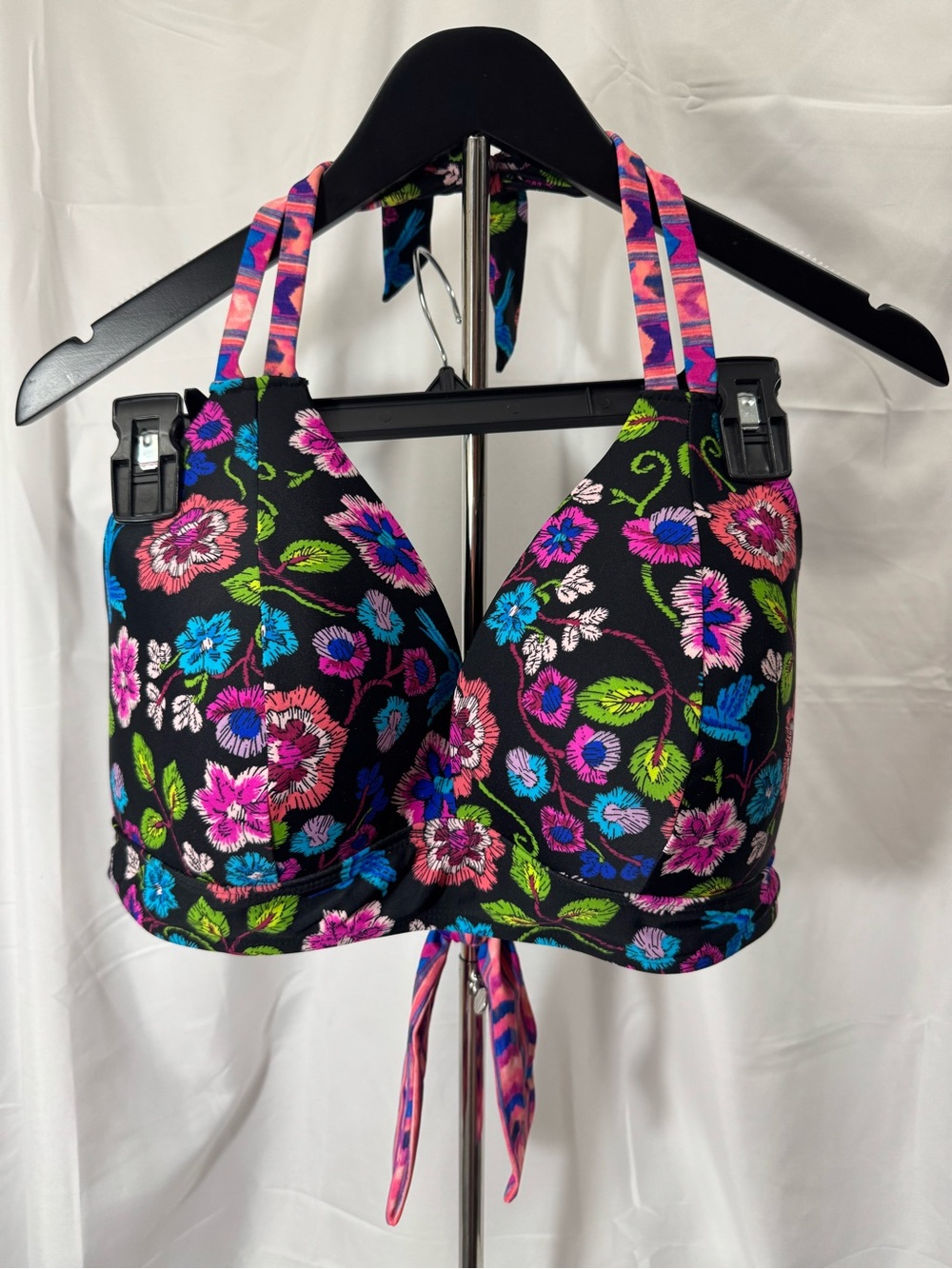 new directions Black Floral Halter Bikini Top with hot Pink aqua green Accents